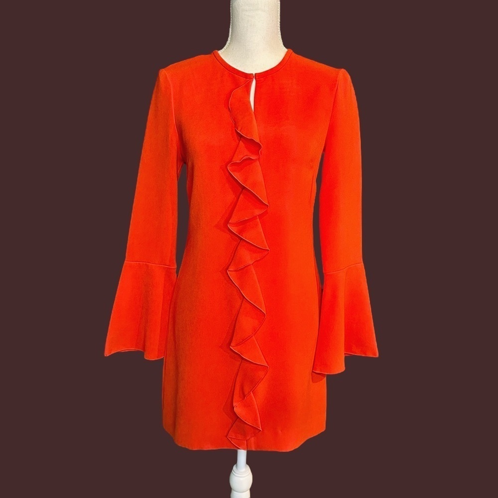 Rachel Zoe ‘Monner’ Bell Sleeve Ruffled A-Line Mini Dress in “Dark Coral” Size 0